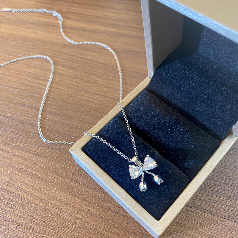 Womens Diamond-studded Titanium Steel Necklace With A Bow Design