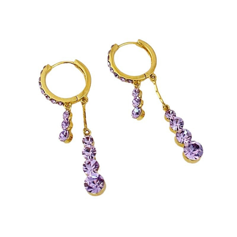 Temperament Long Purple Full Diamond Tassel Ear Clips