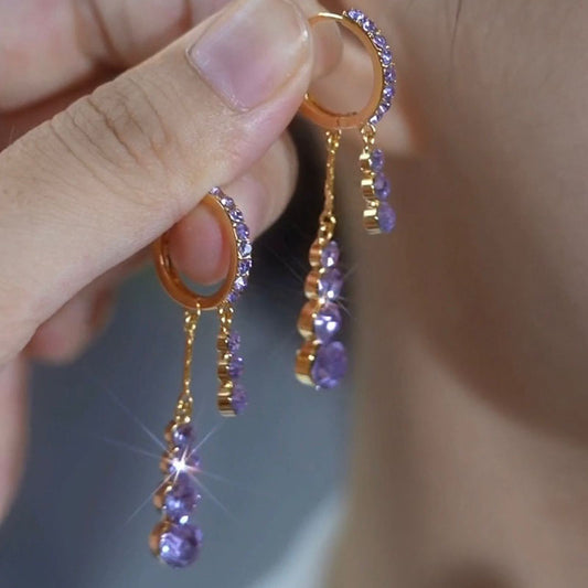 Temperament Long Purple Full Diamond Tassel Ear Clips