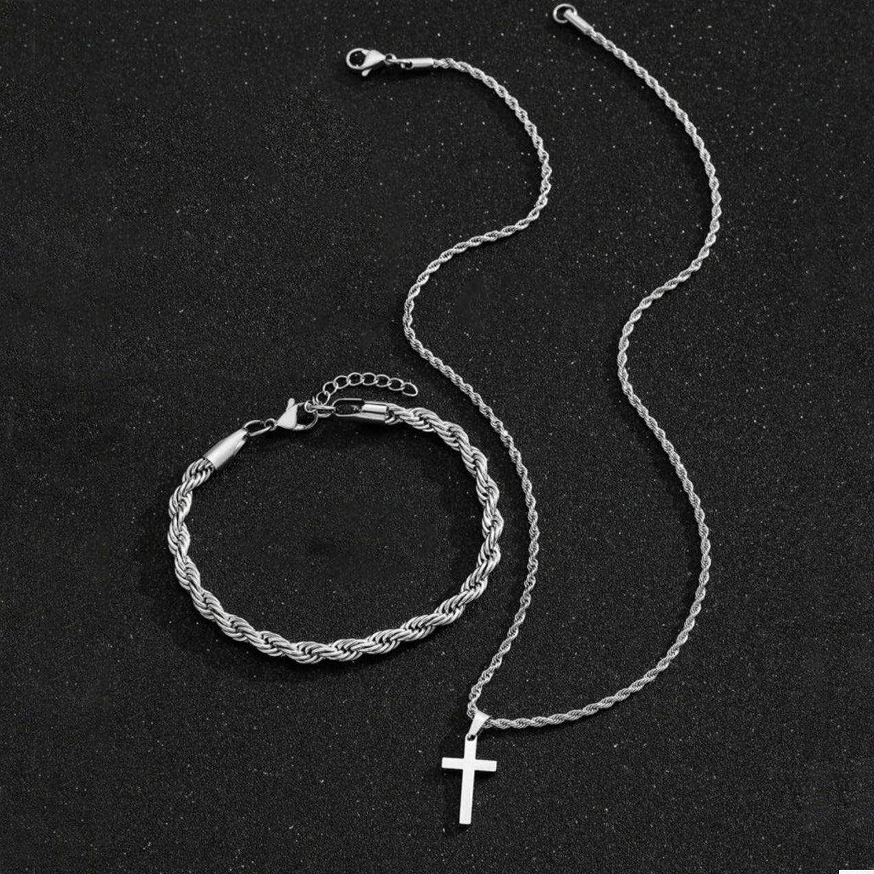 Two-piece Cuban-hair Twist Chain Cross Pendant Bracelet