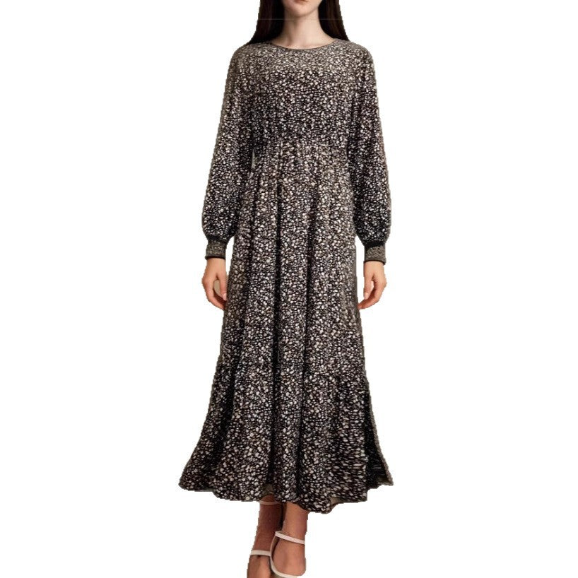 New Chiffon Round Neck Tie-waist Long Sleeve Knee-length Dress