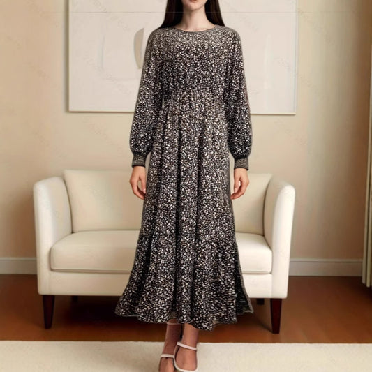 New Chiffon Round Neck Tie-waist Long Sleeve Knee-length Dress