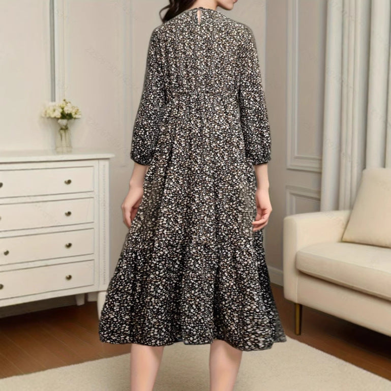 New Chiffon Round Neck Tie-waist Long Sleeve Knee-length Dress