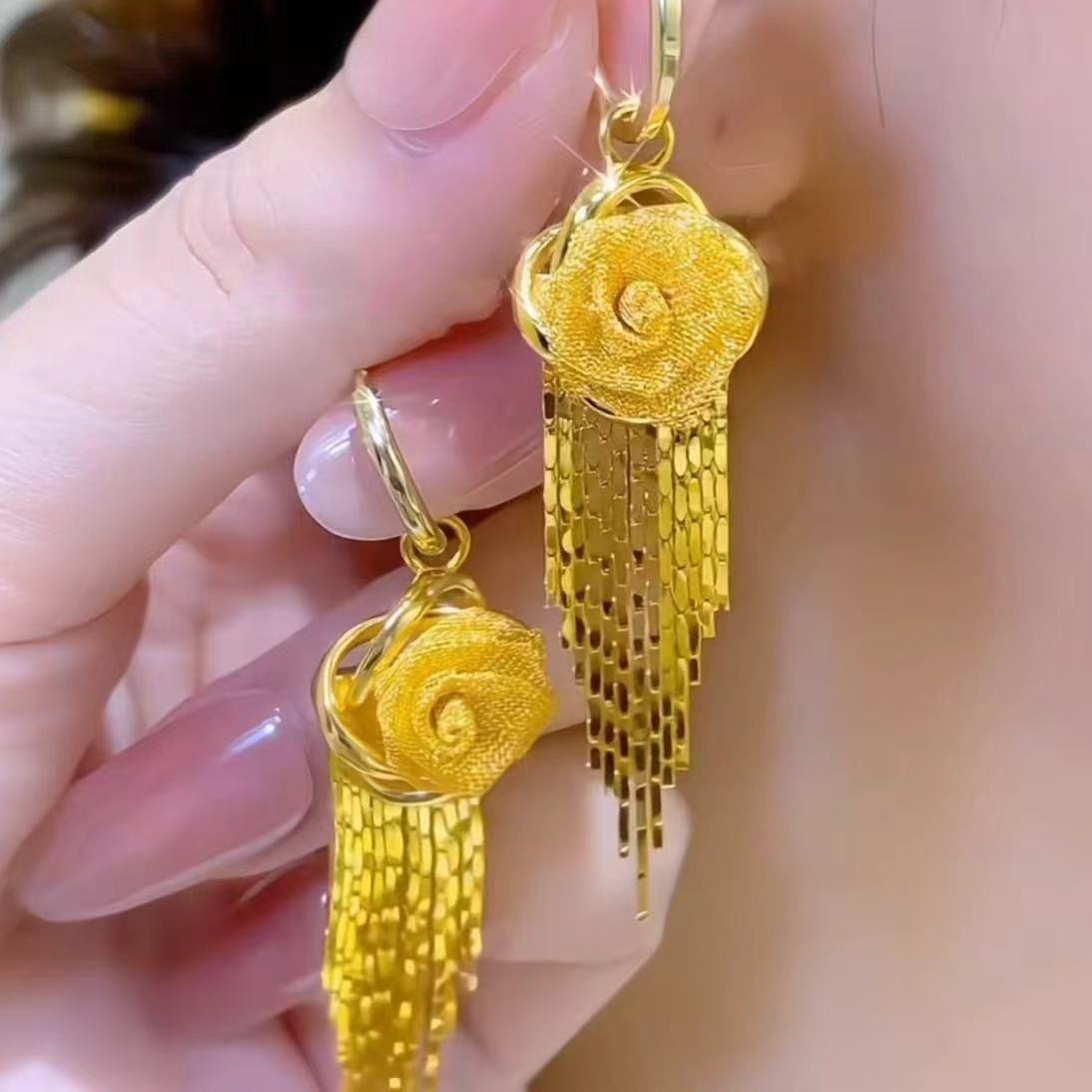Golden Rose Waterfall Tassel Earrings